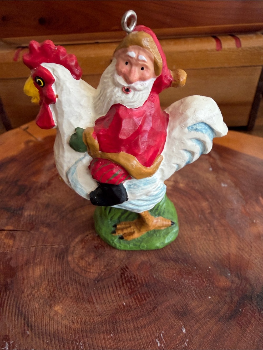 Red Santa Riding White Rooster Holiday Figurine
